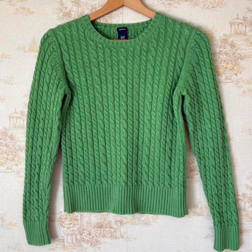 Vintage Y2K Gap Cable Knit Sweater Womens M Green Cotton Stretch Preppy